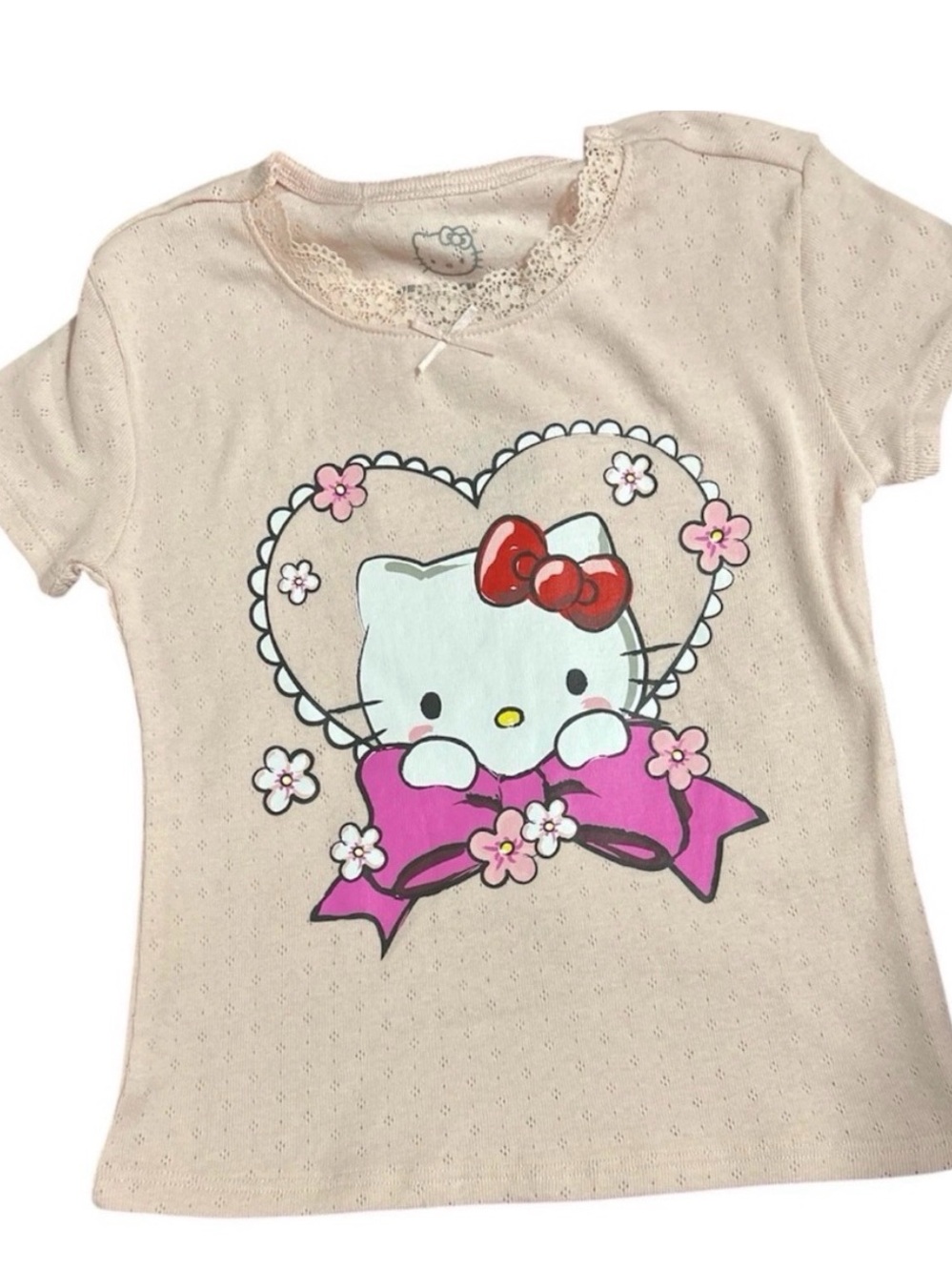 Hello Kitty Girls Pink Lace Trim T-Shirt Small Heart Bow Floral Graphic